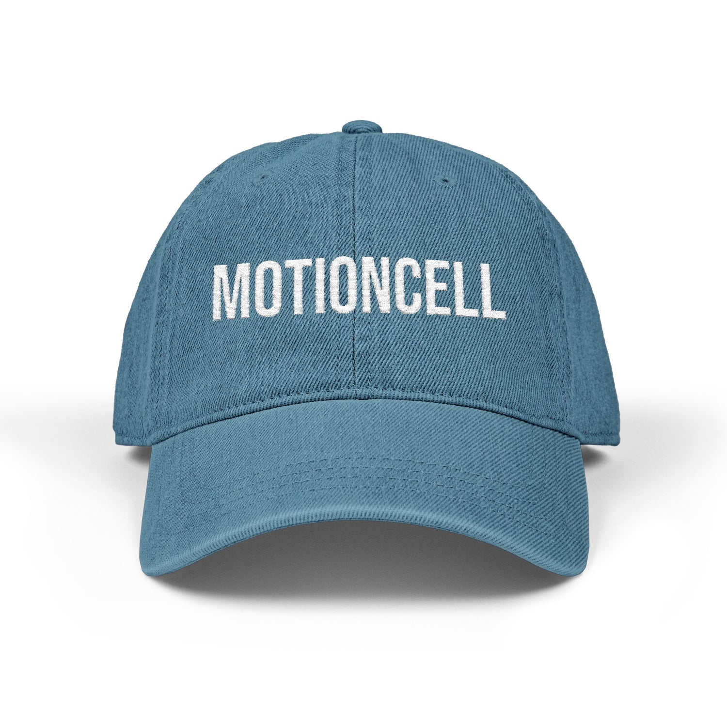 MotionCell embroidered denim cap, embroidery detail on front panel