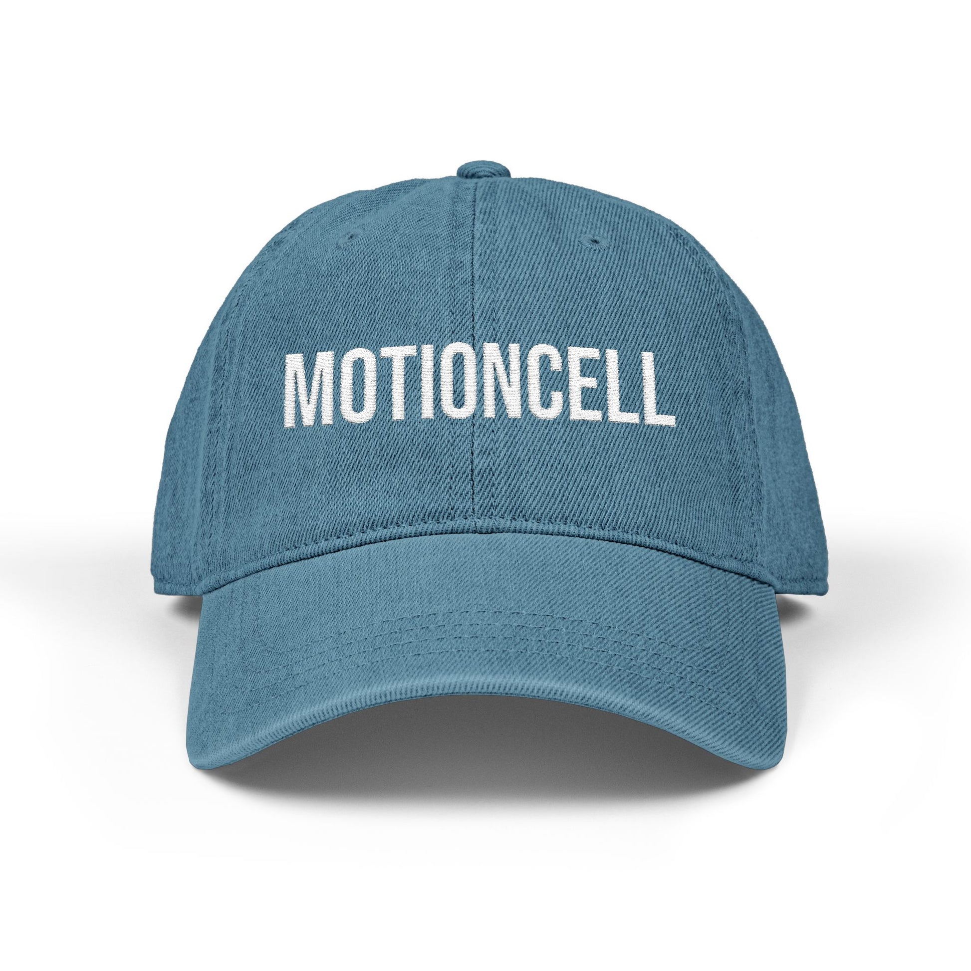 MotionCell embroidered denim cap, embroidery detail on front panel