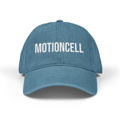 MotionCell embroidered denim cap, embroidery detail on front panel