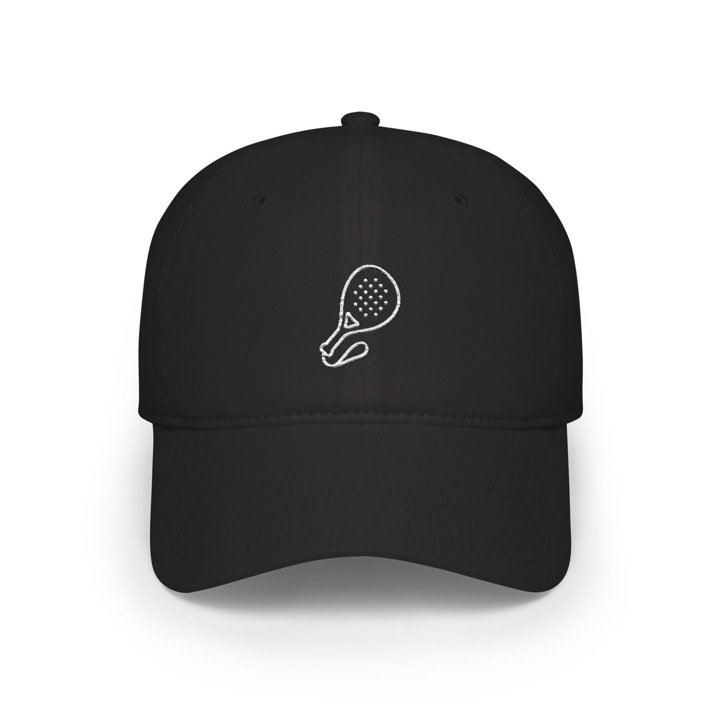 Adjustable Padel Cap in Black, front view — embroidered padel racket cotton baseball cap