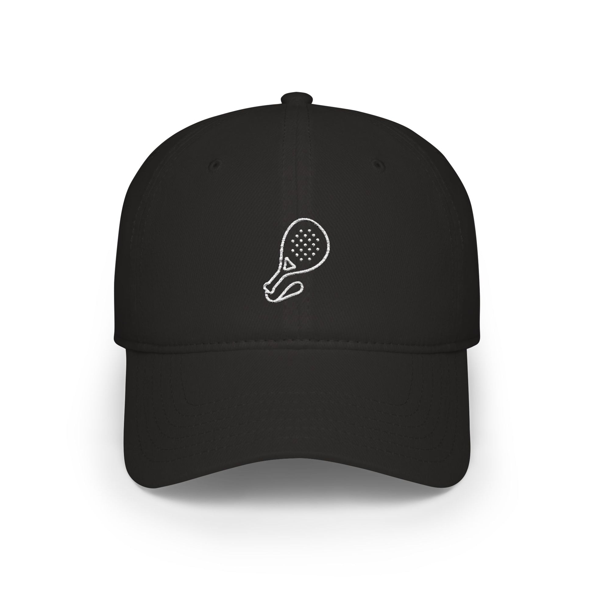 Adjustable Padel Cap in Black, front view — embroidered padel racket cotton baseball cap