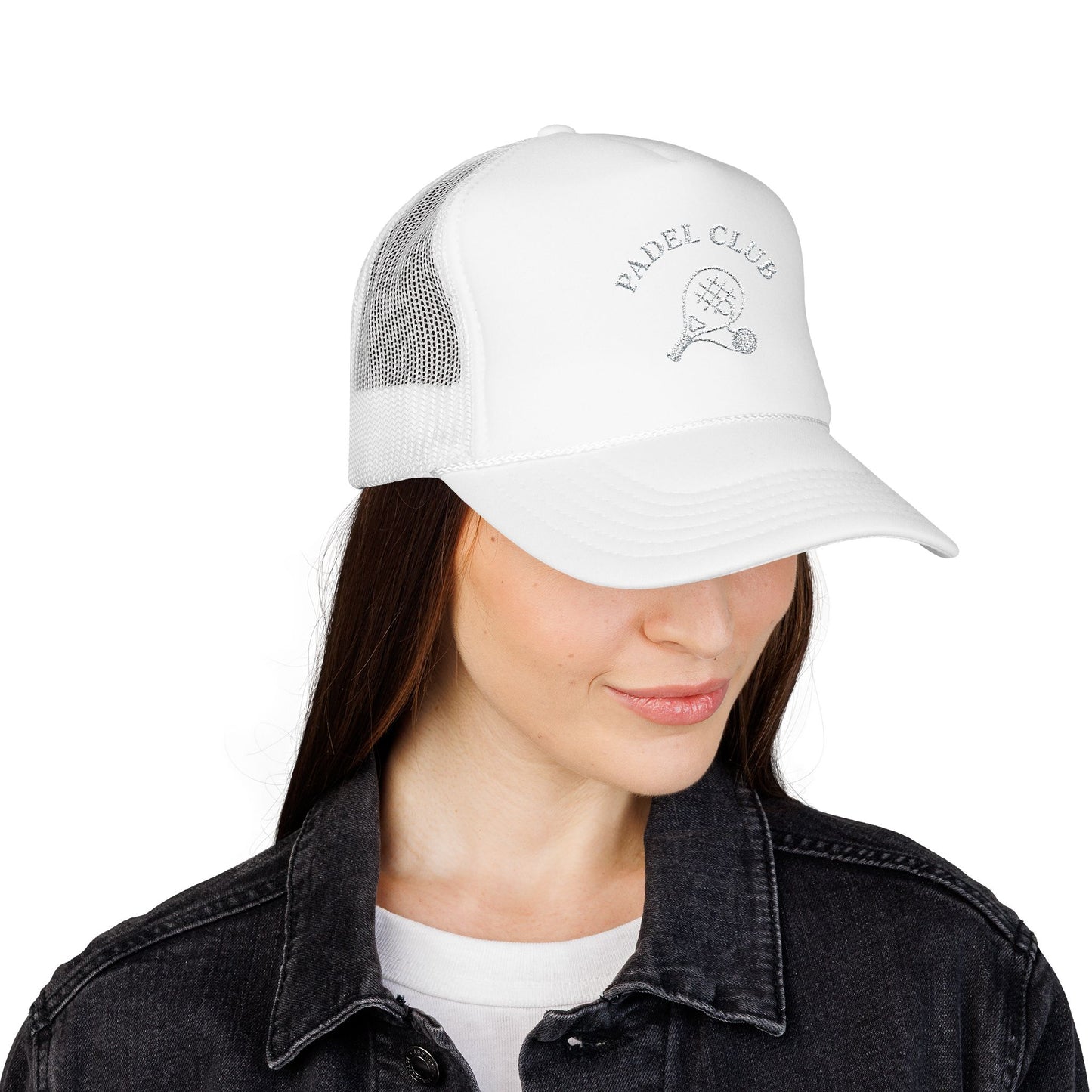 Padel Club Hat in White worn by female model — embroidered padel racket trucker cap