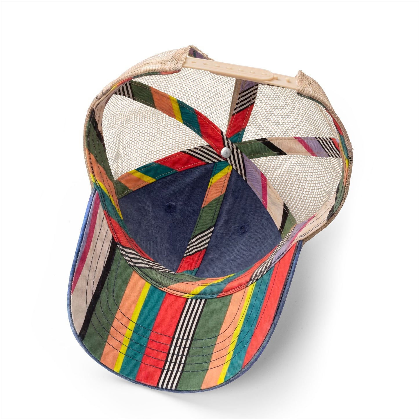 Running Mom Cap in Navy, underbrim detail — striped print lining close-up
