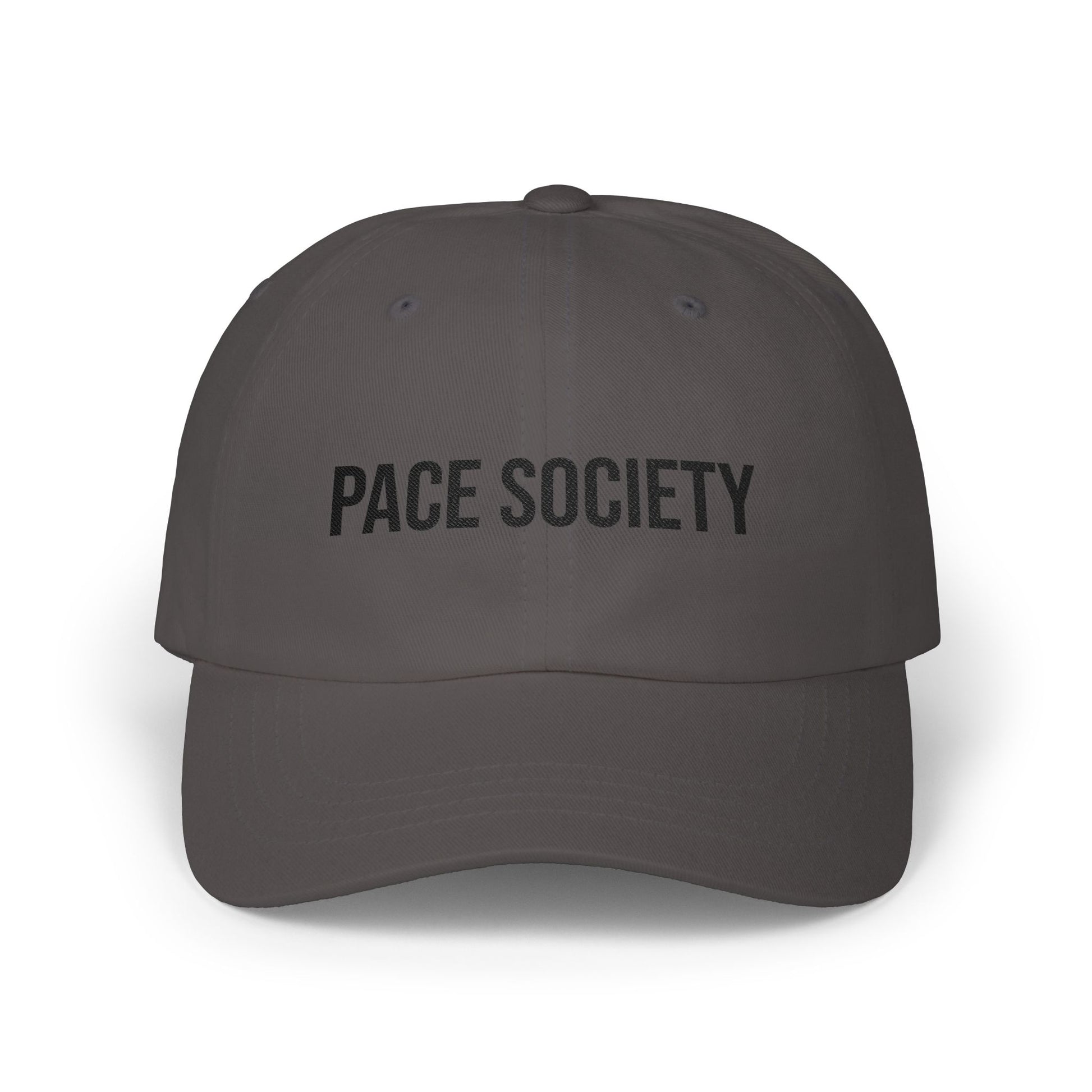 Pace Society Dad Cap in Dark Grey — minimalist embroidered baseball hat, front view