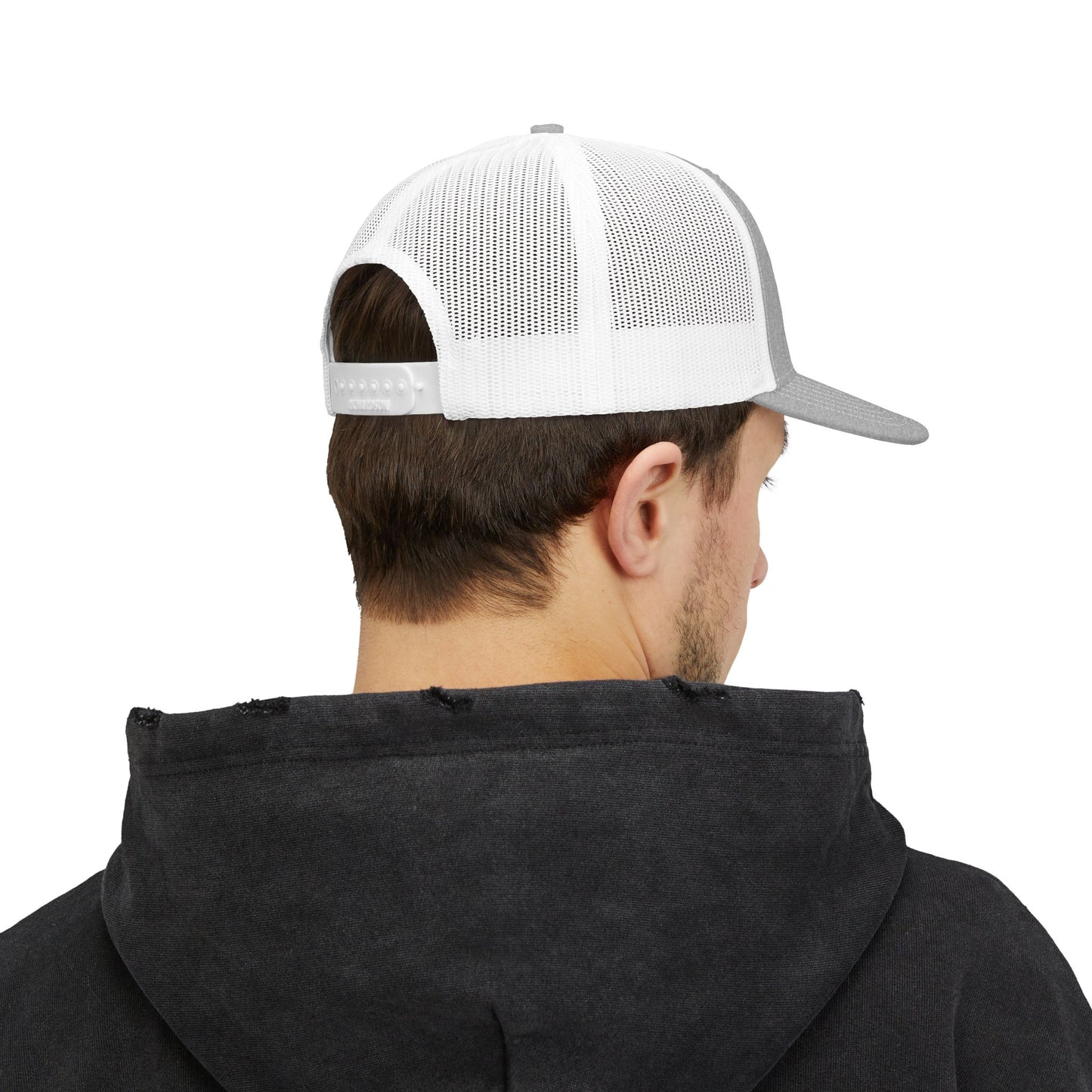 5AM Club Trucker Cap in Heather Grey/White back view — mesh panel and snap closure detail