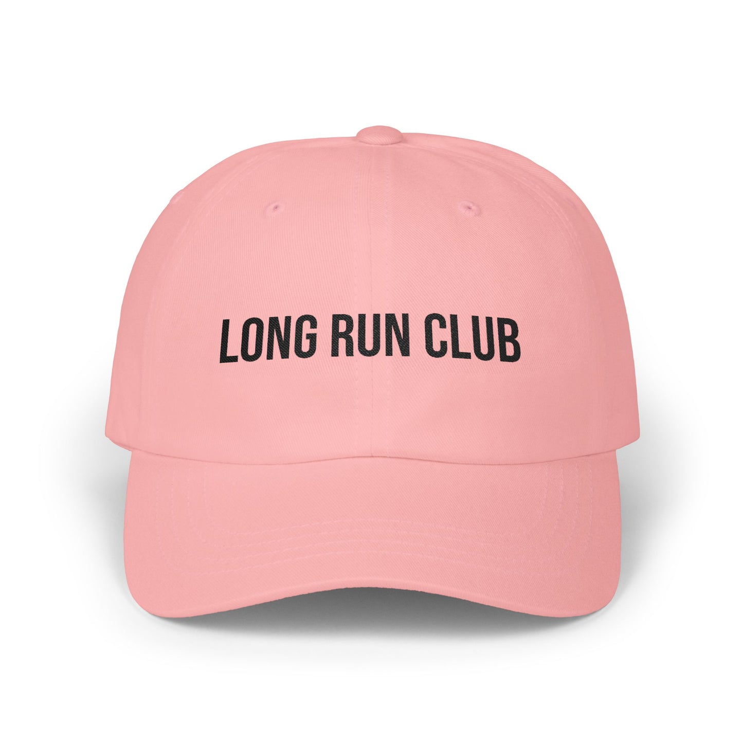 Long Run Club Dad Cap in Pink — embroidered cotton running hat, front view