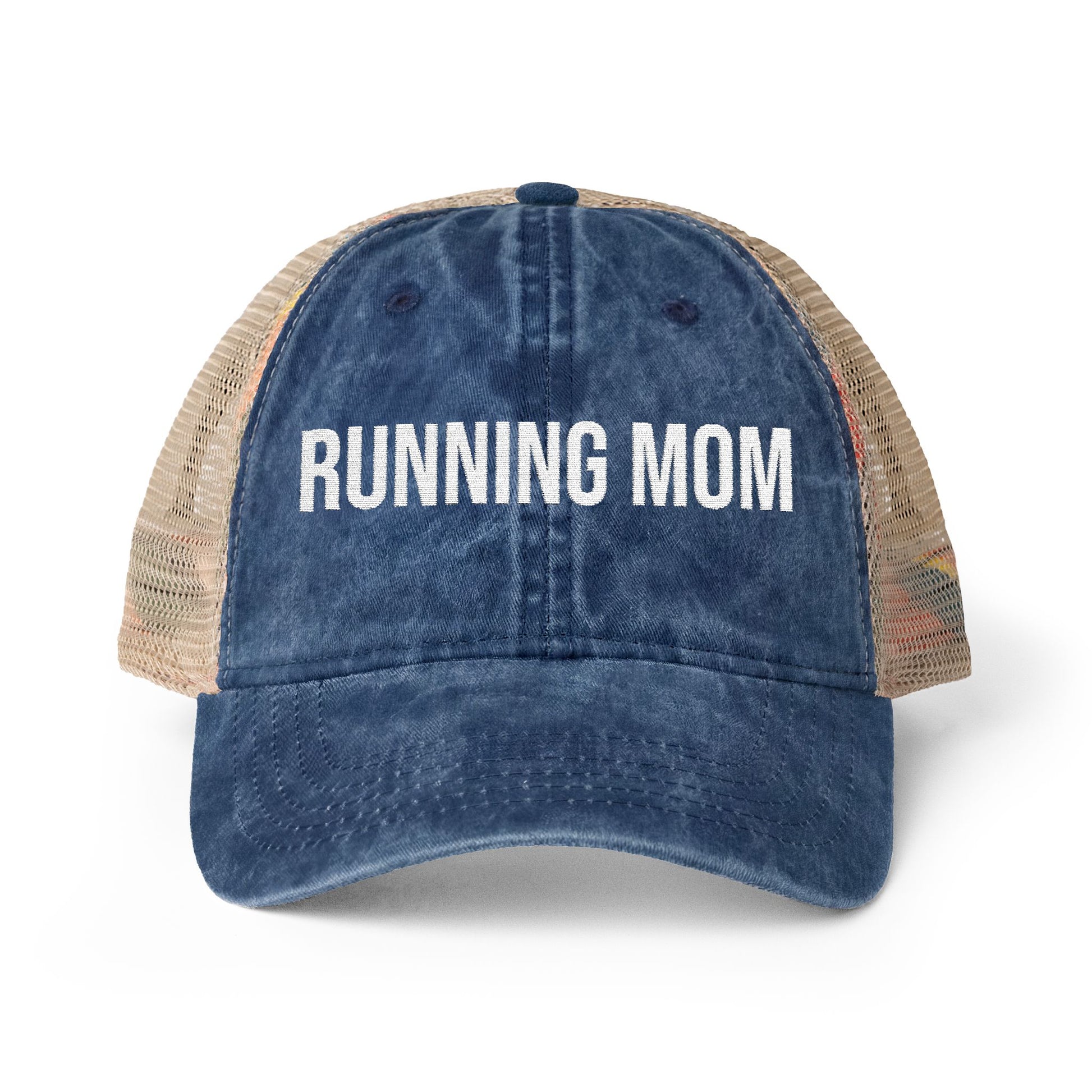 Running Mom Cap in Navy, front view — washed mesh-back trucker cap for runners
