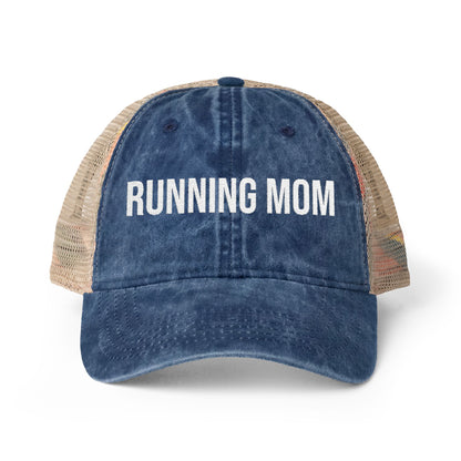 Running Mom Cap in Navy, front view — washed mesh-back trucker cap for runners