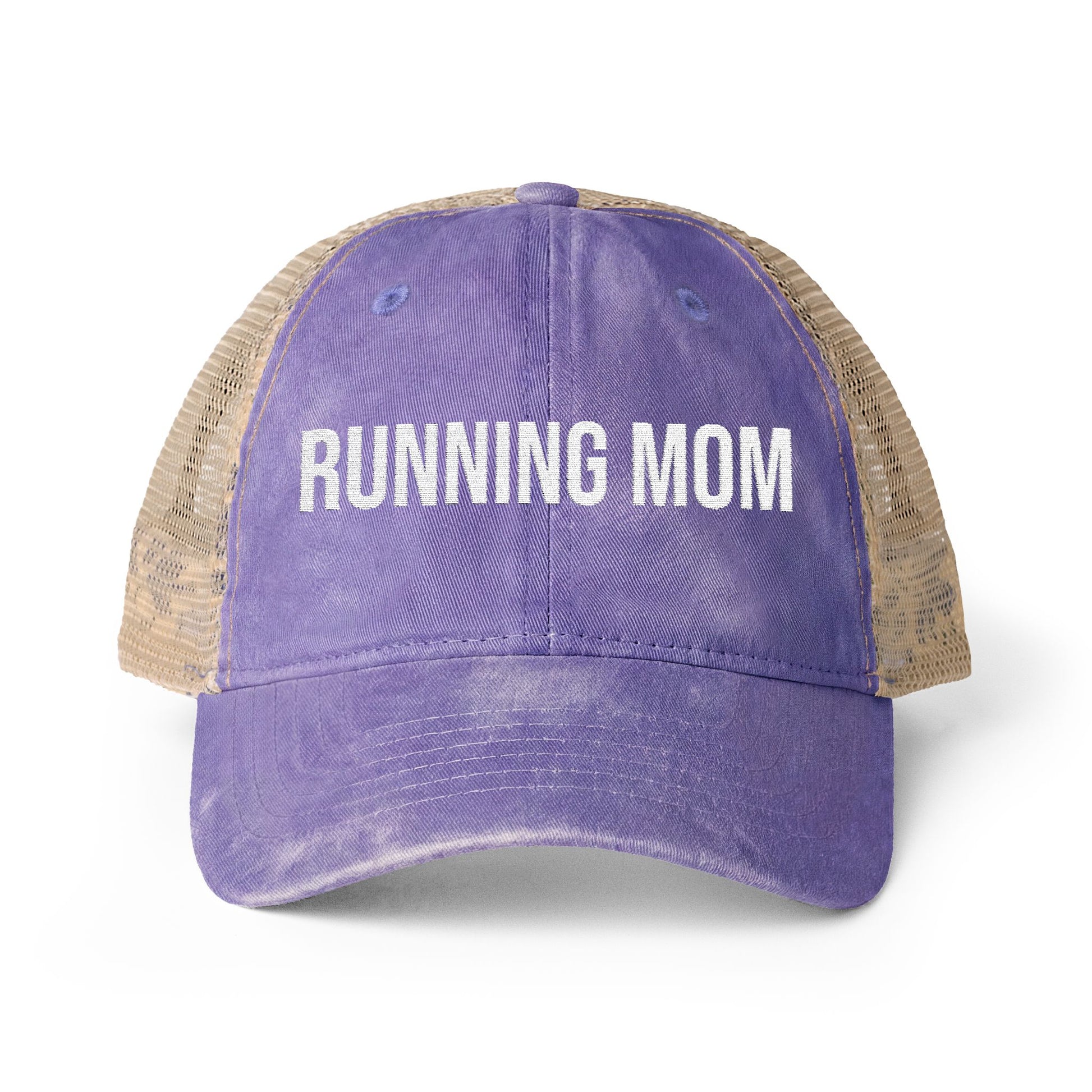 Running Mom Cap in Violet/Floral/Khaki, front view — washed mesh-back trucker cap for runners
