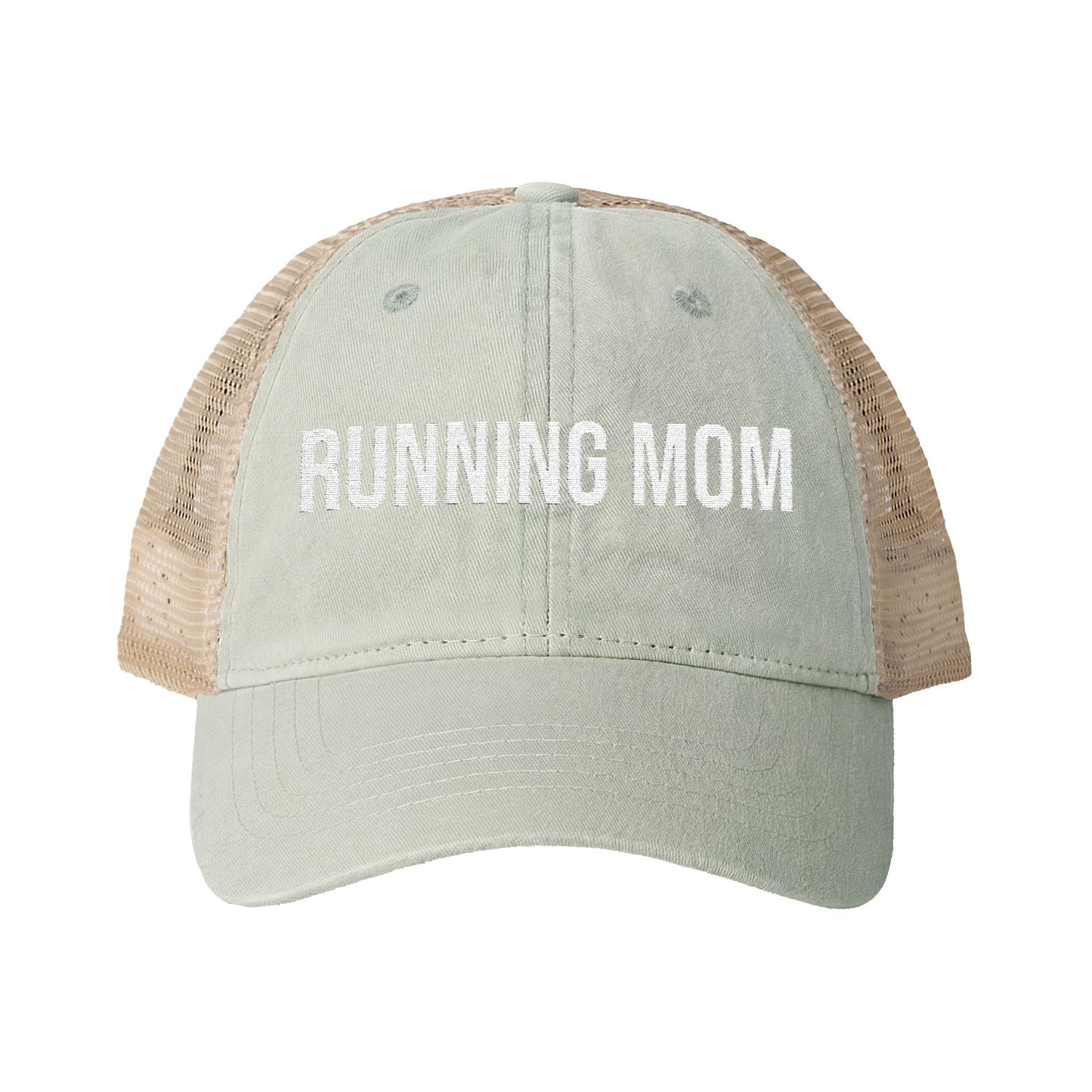 Running Mom Cap in Sage/Polka Dots, front view — washed mesh-back trucker cap for runners