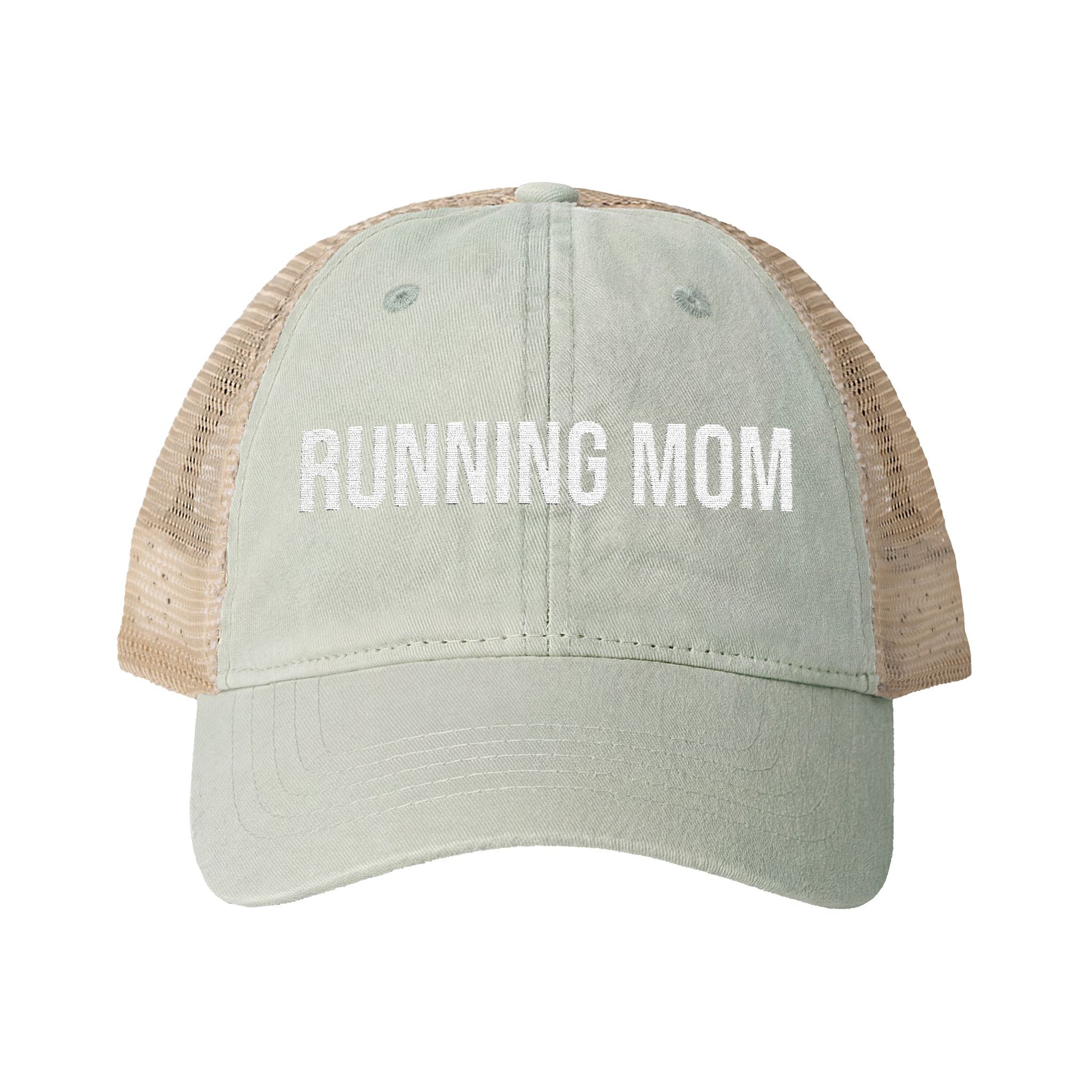 Running Mom Cap in Sage/Polka Dots, front view — washed mesh-back trucker cap for runners