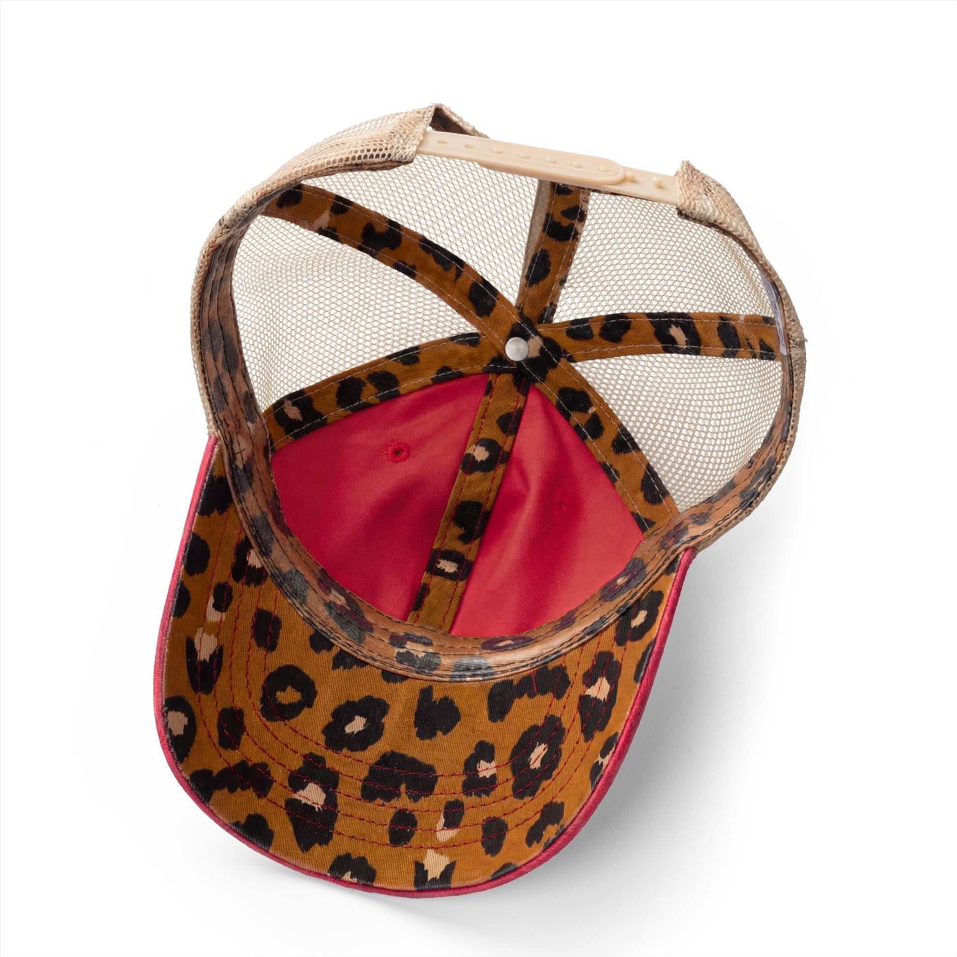 Running Mom Cap in Red, underbrim detail — leopard print lining close-up