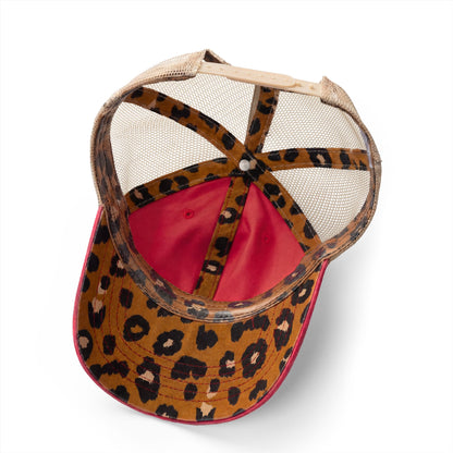 Running Mom Cap in Red, underbrim detail — leopard print lining close-up