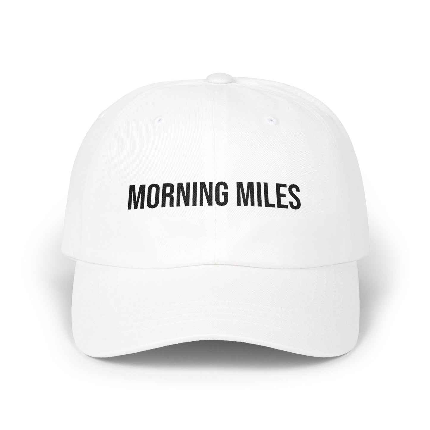 Buy Morning Miles embroidered dad cap - white adjustable running hat MotionCell front view