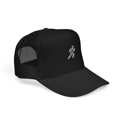 Embroidered Running Icon Trucker Hat in Black, side angle view — mesh panel detail