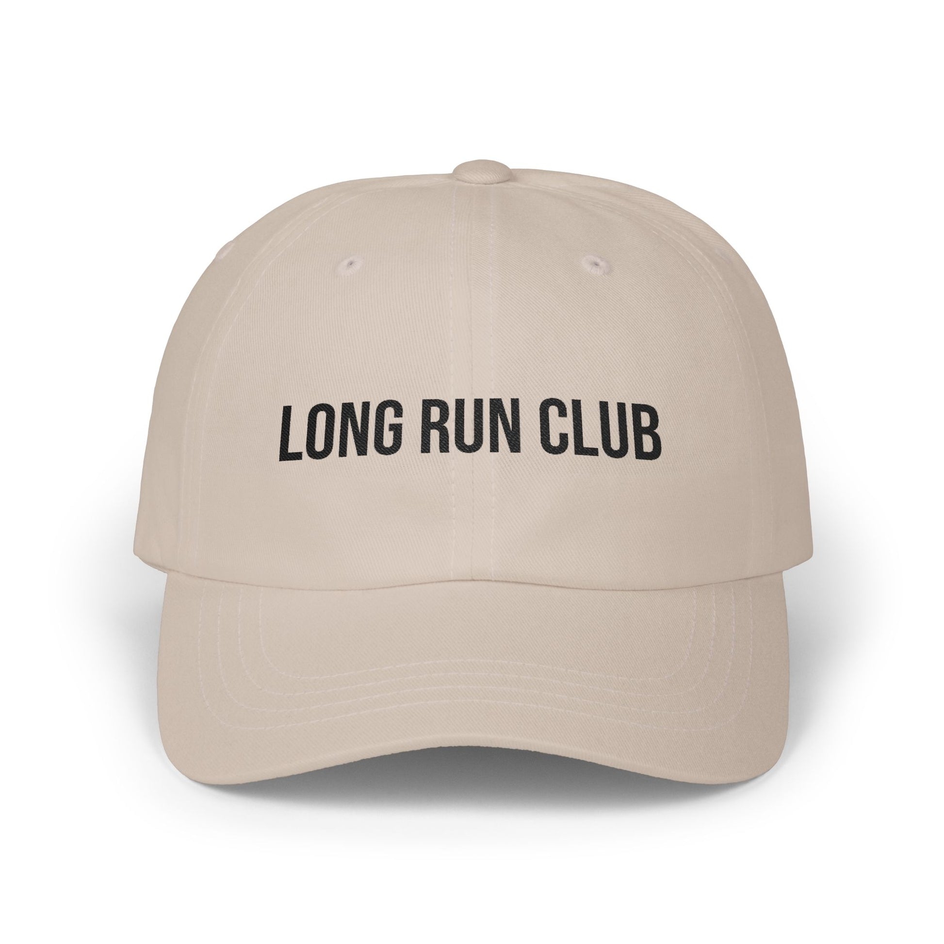 Long Run Club embroidered hat front panel detail - flat thread dad cap close-up
