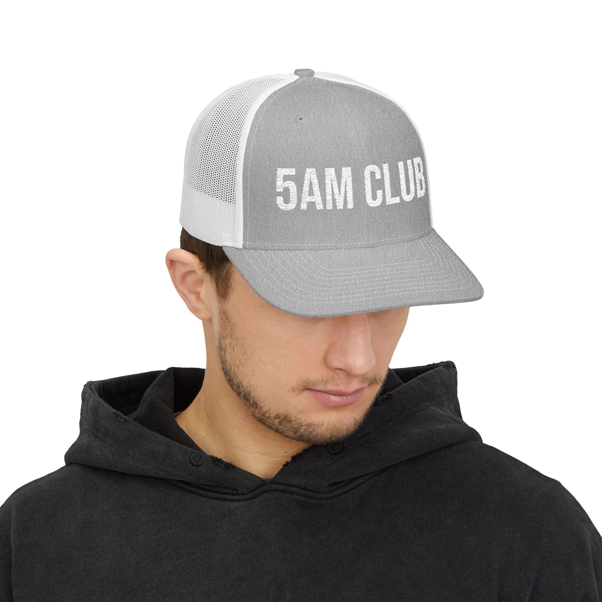 5AM Club Trucker Cap in Heather Grey/White worn by model — embroidered early-riser snapback