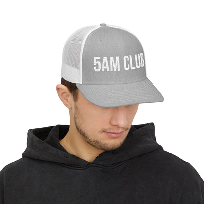 5AM Club Trucker Cap in Heather Grey/White worn by model — embroidered early-riser snapback