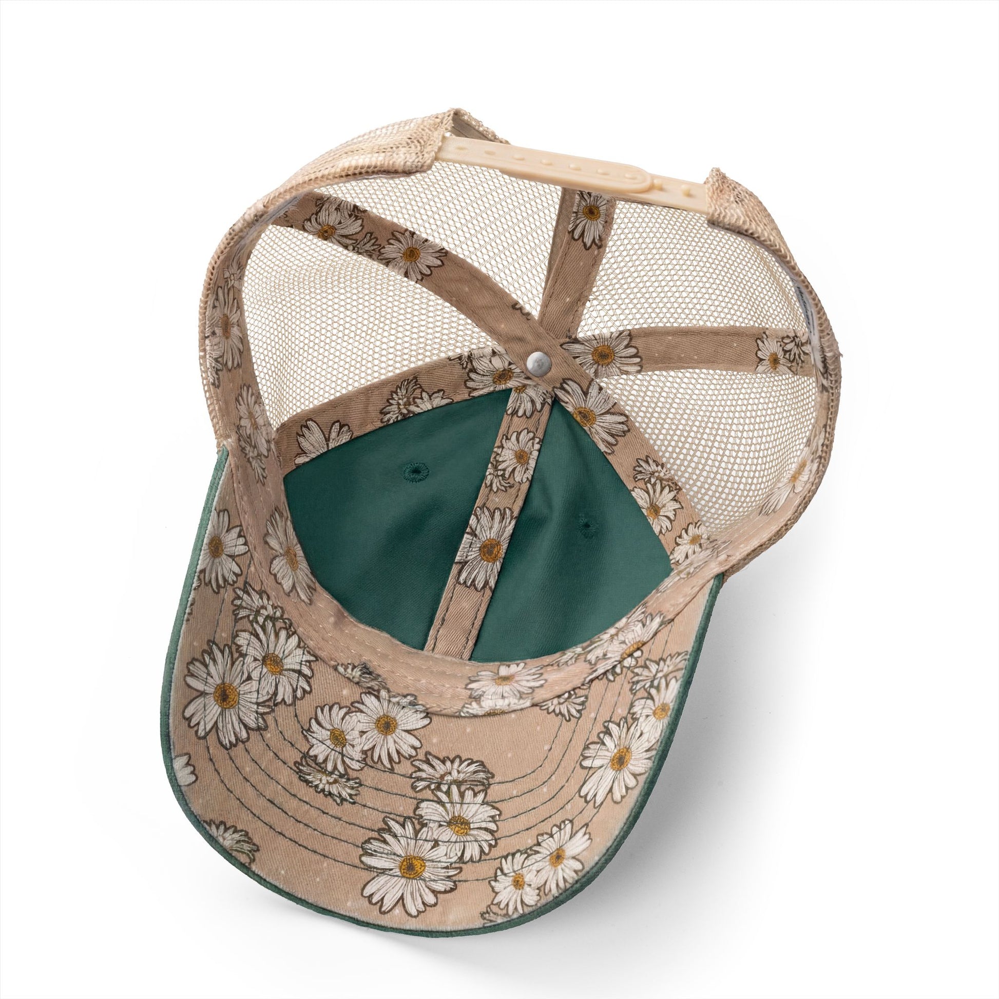 Running Mom Cap in Jade/Daisy/Khaki, underbrim detail — daisy print lining close-up