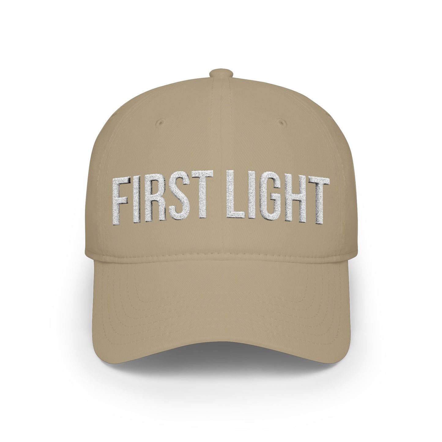 First Light embroidered front panel detail - flat thread low profile baseball cap close-up