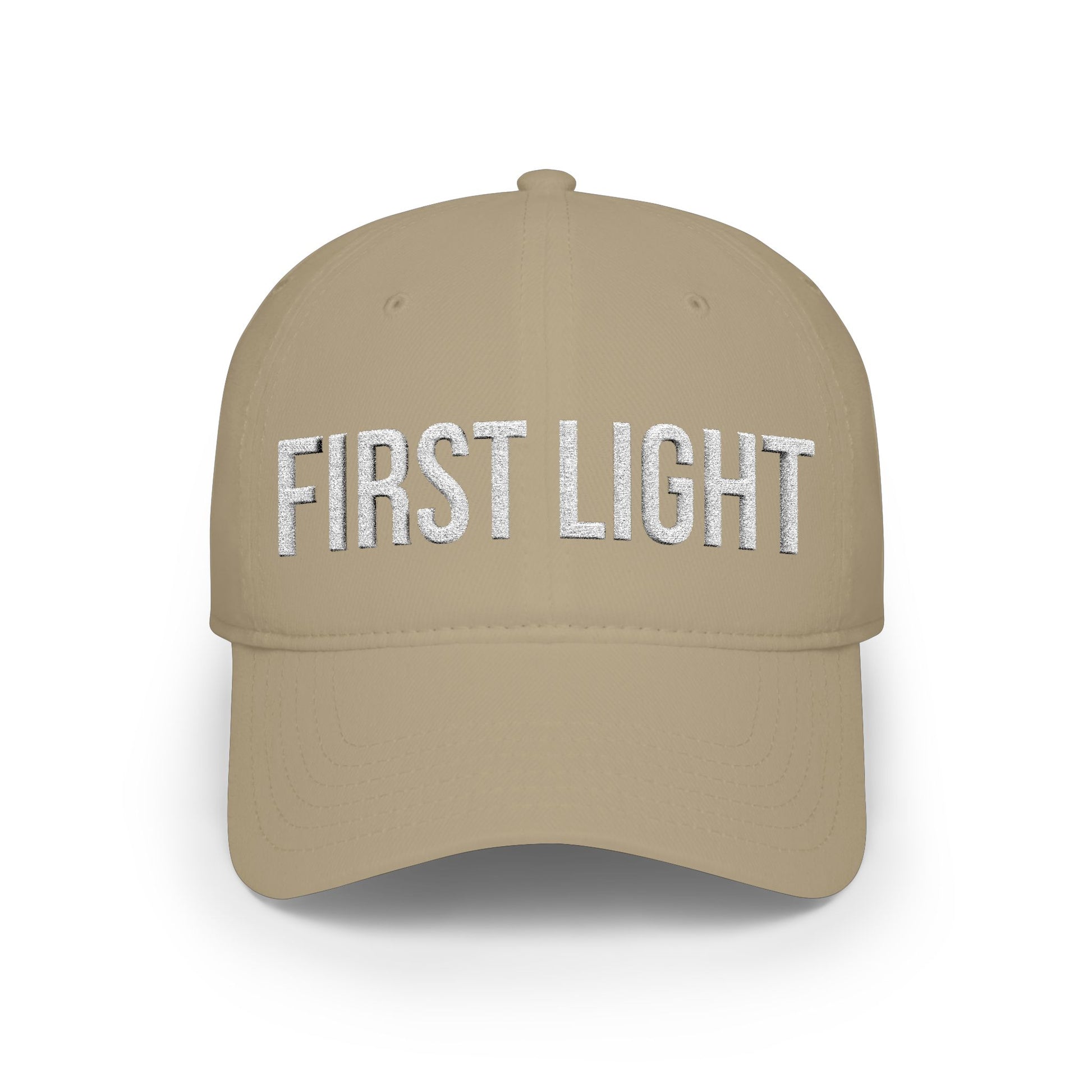 First Light embroidered front panel detail - flat thread low profile baseball cap close-up