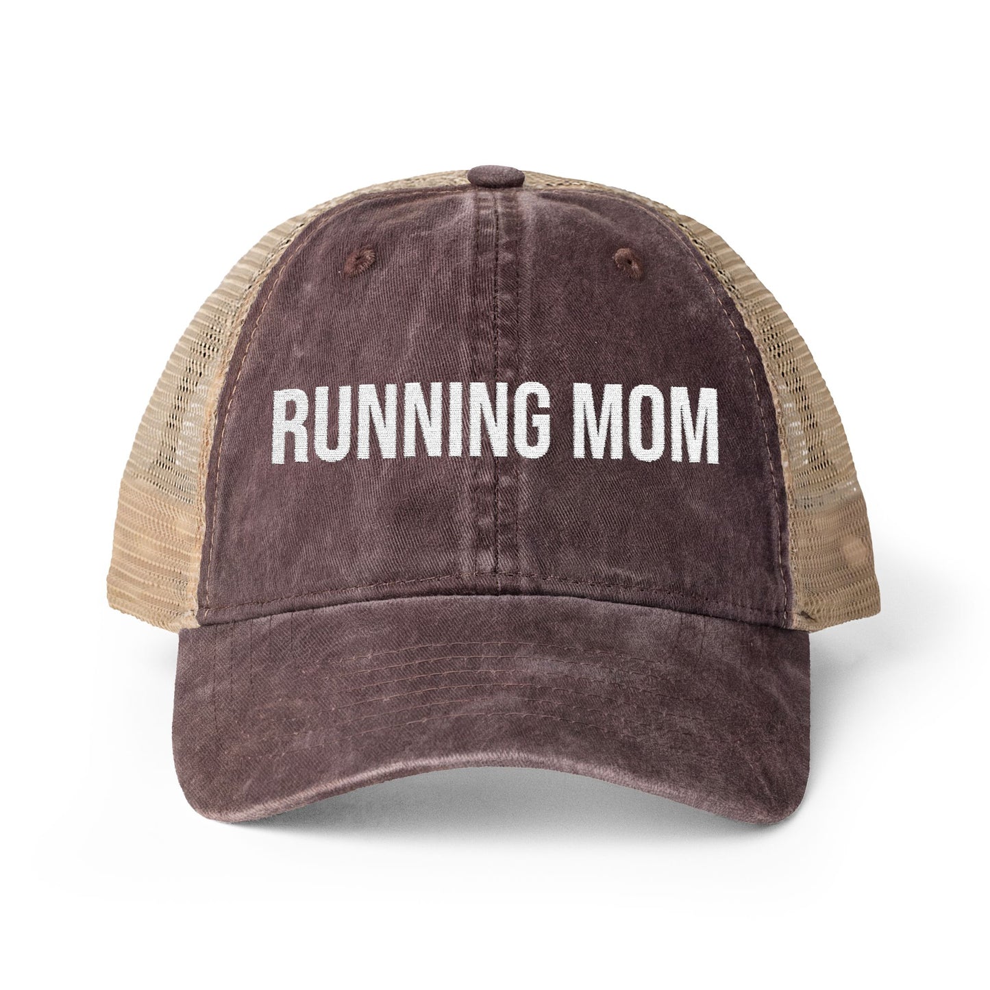 Running Mom Cap in Chocolate/Fawn/Khaki, front view — washed mesh-back trucker cap for runners