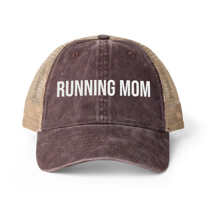 Running Mom Cap in Chocolate/Fawn/Khaki, front view — washed mesh-back trucker cap for runners