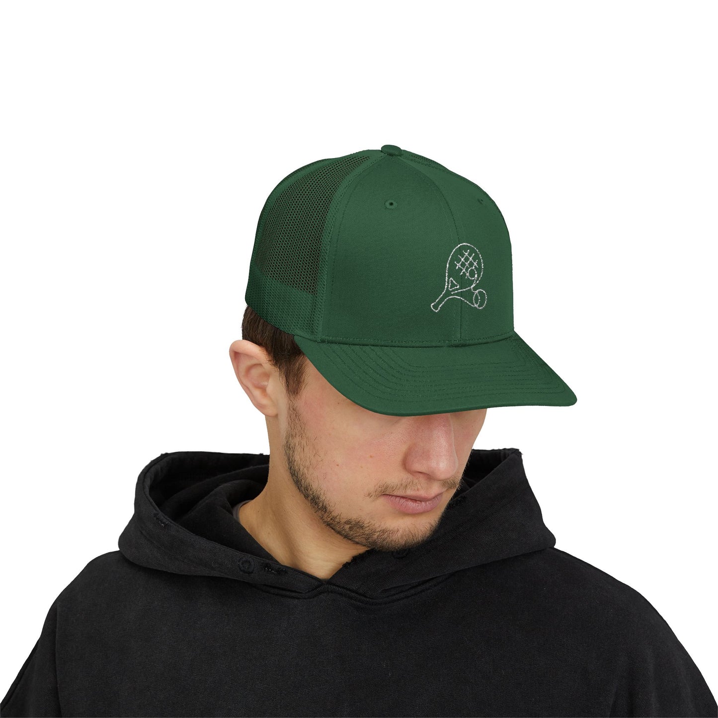 Embroidered Padel Icon Trucker Cap by MotionCell, flat lay
