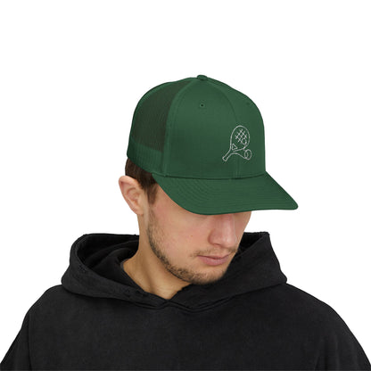 Embroidered Padel Icon Trucker Cap by MotionCell, flat lay