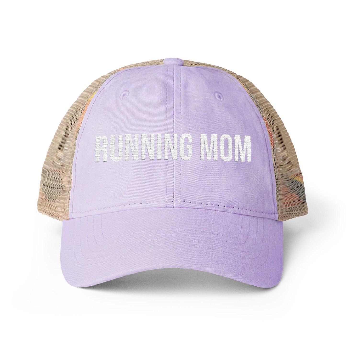 Running Mom Cap in Lavender/Stripes, front view — washed mesh-back trucker cap for runners