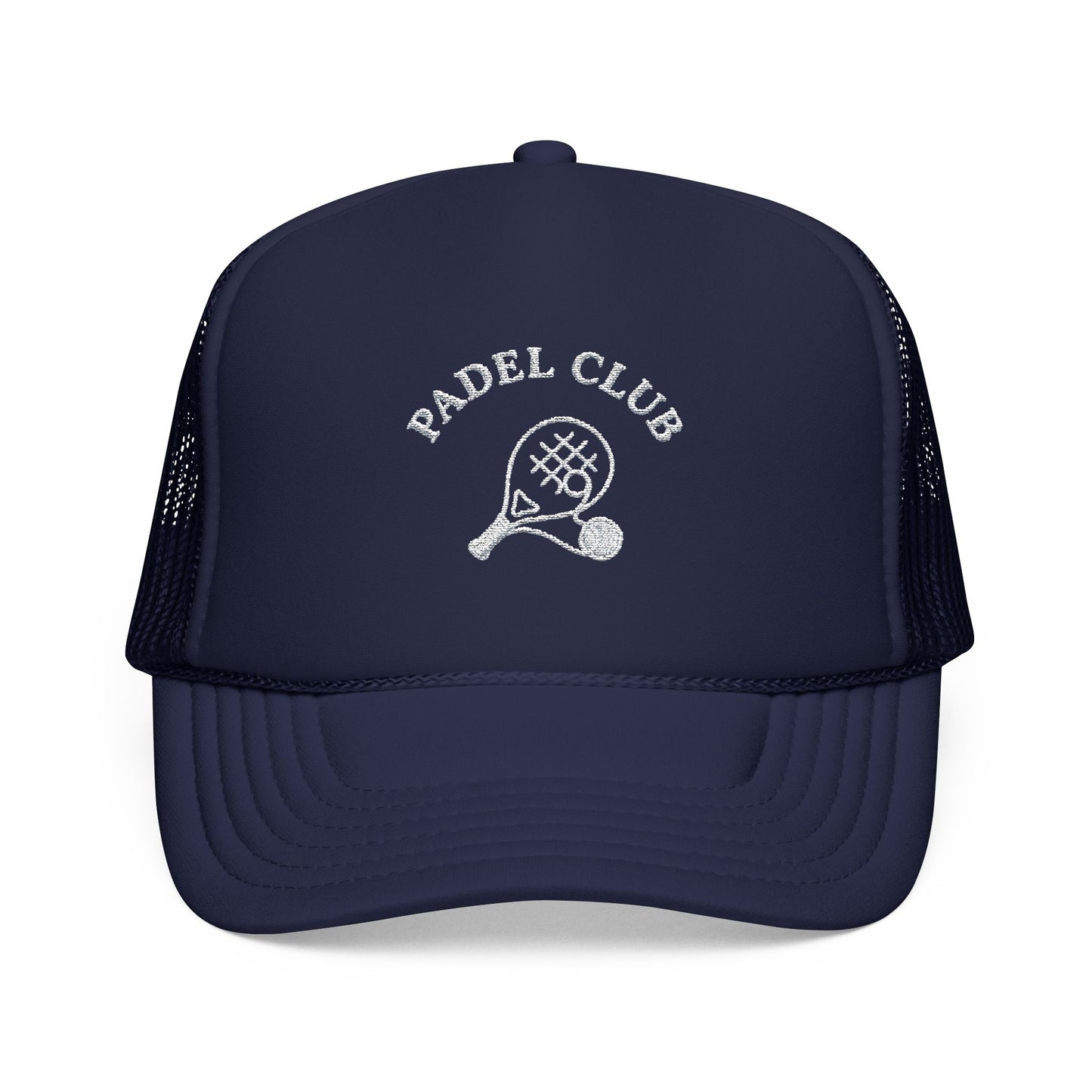 Padel Club Hat in Dark Navy, front view — embroidered padel racket trucker cap