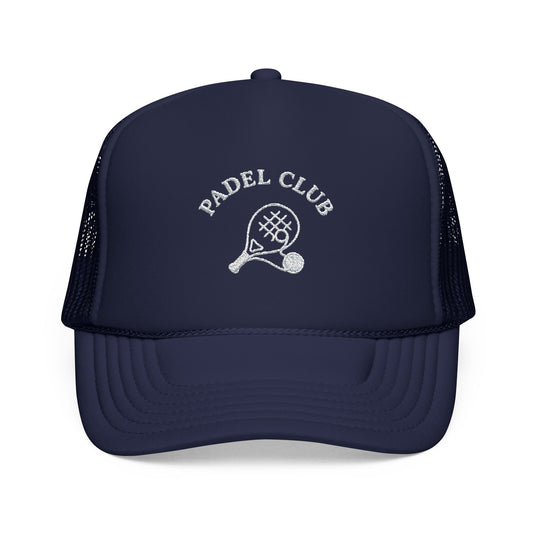 Padel Club Hat in Dark Navy, front view — embroidered padel racket trucker cap