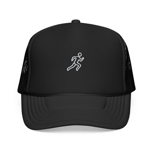 Embroidered Running Icon Trucker Hat in Black, front view — mesh-back cap for runners