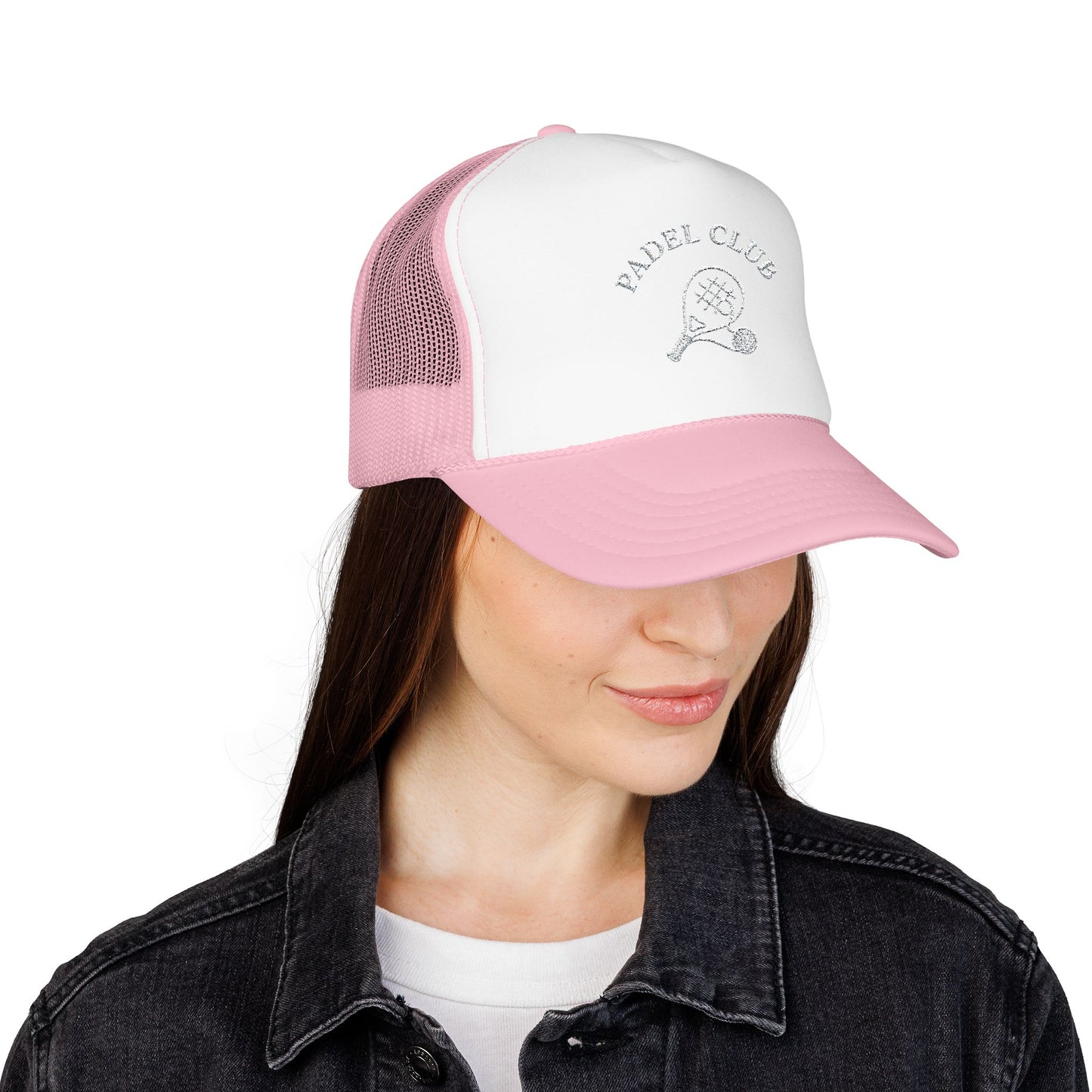 Padel Club Hat in Light Pink/White worn by female model — embroidered padel trucker cap