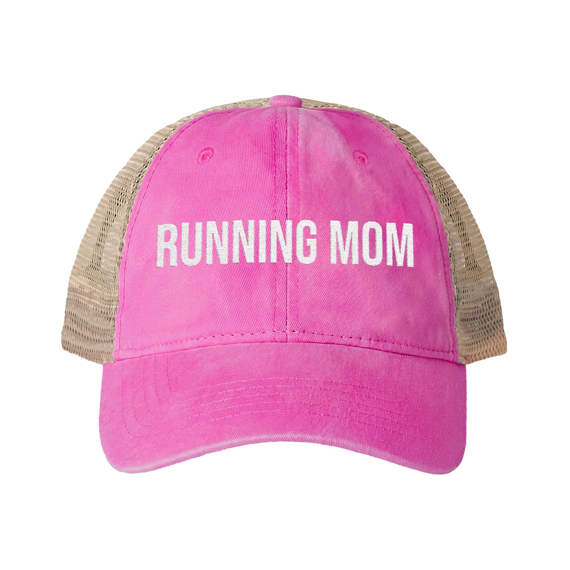 Running Mom Cap in Rose/Polka Dots, front view — washed mesh-back trucker cap for runners