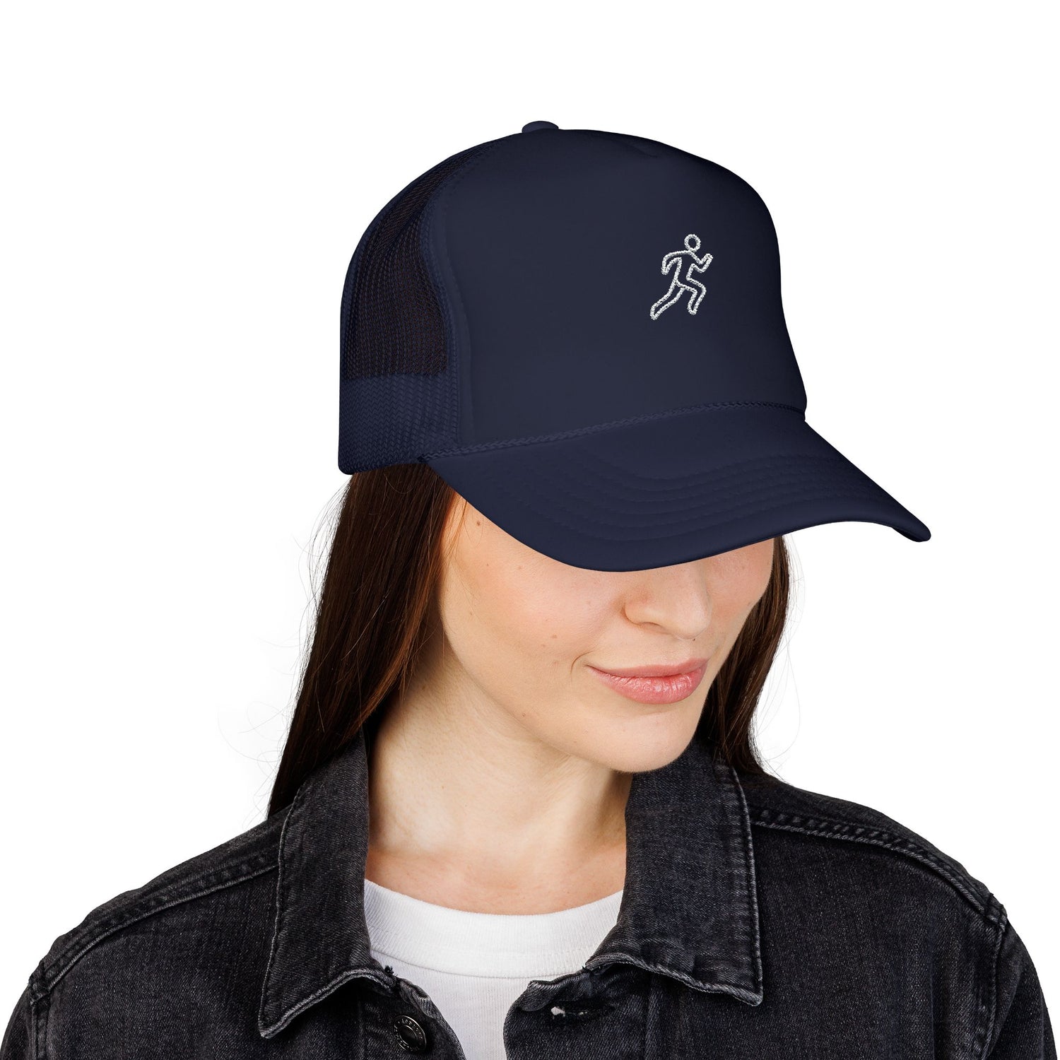 Embroidered Running Icon Trucker Hat in Dark Navy worn by female model — mesh-back running cap