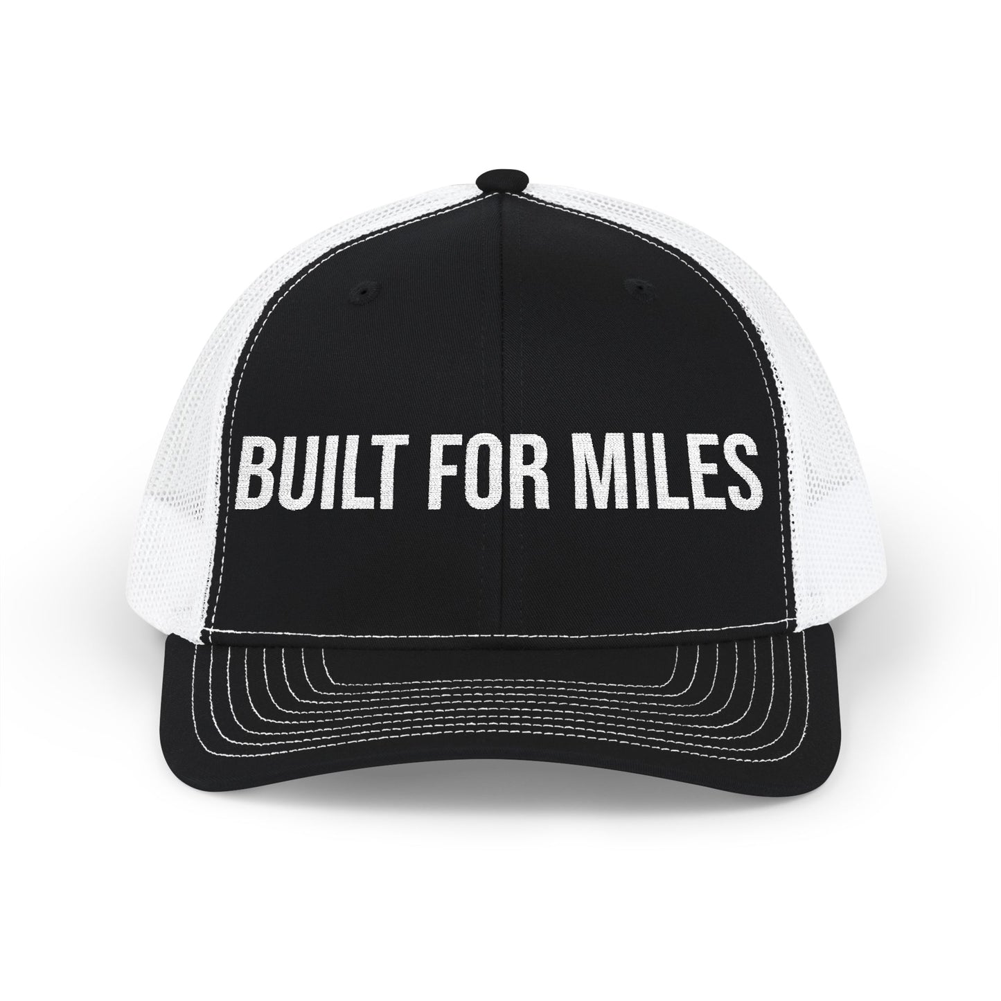 Buy Built For Miles embroidered trucker cap - rugged snapback running hat MotionCell front view