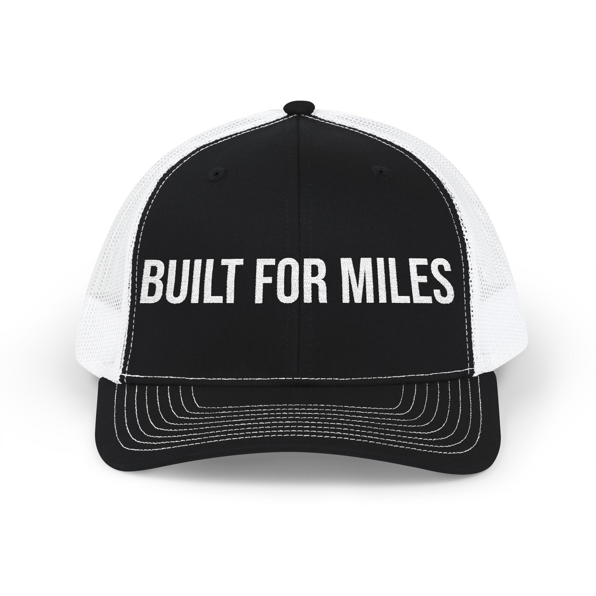 Buy Built For Miles embroidered trucker cap - rugged snapback running hat MotionCell front view