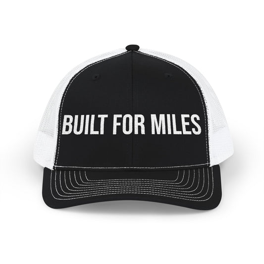 Buy Built For Miles embroidered trucker cap - rugged snapback running hat MotionCell front view