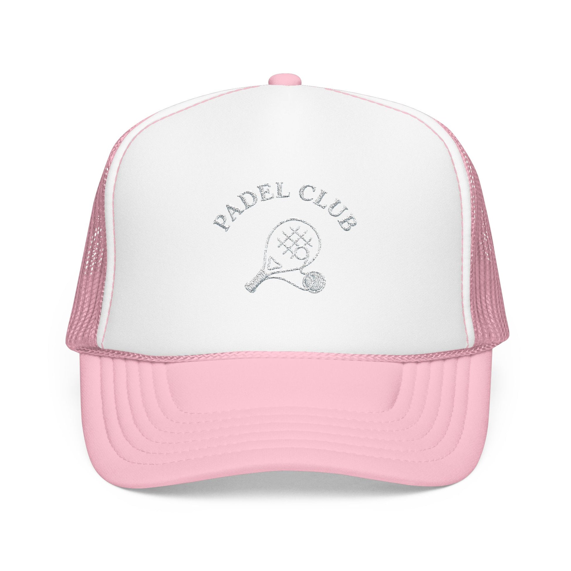 Padel Club Hat in Light Pink/White, front view — embroidered padel racket trucker cap