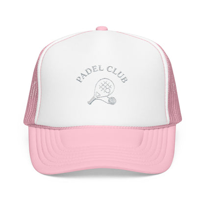 Padel Club Hat in Light Pink/White, front view — embroidered padel racket trucker cap