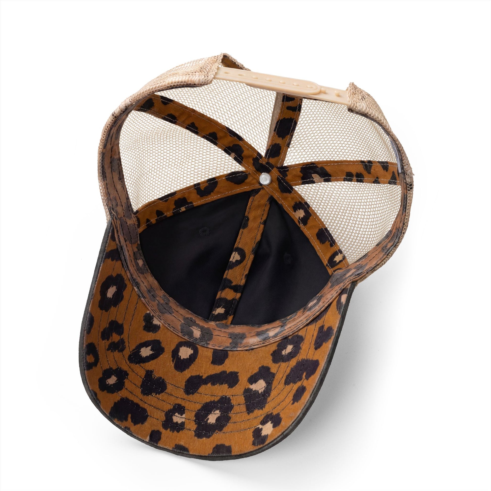 Running Mom Cap in Black/Leopard, underbrim detail — leopard print lining close-up