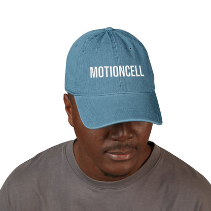 MotionCell embroidered denim cap worn on model