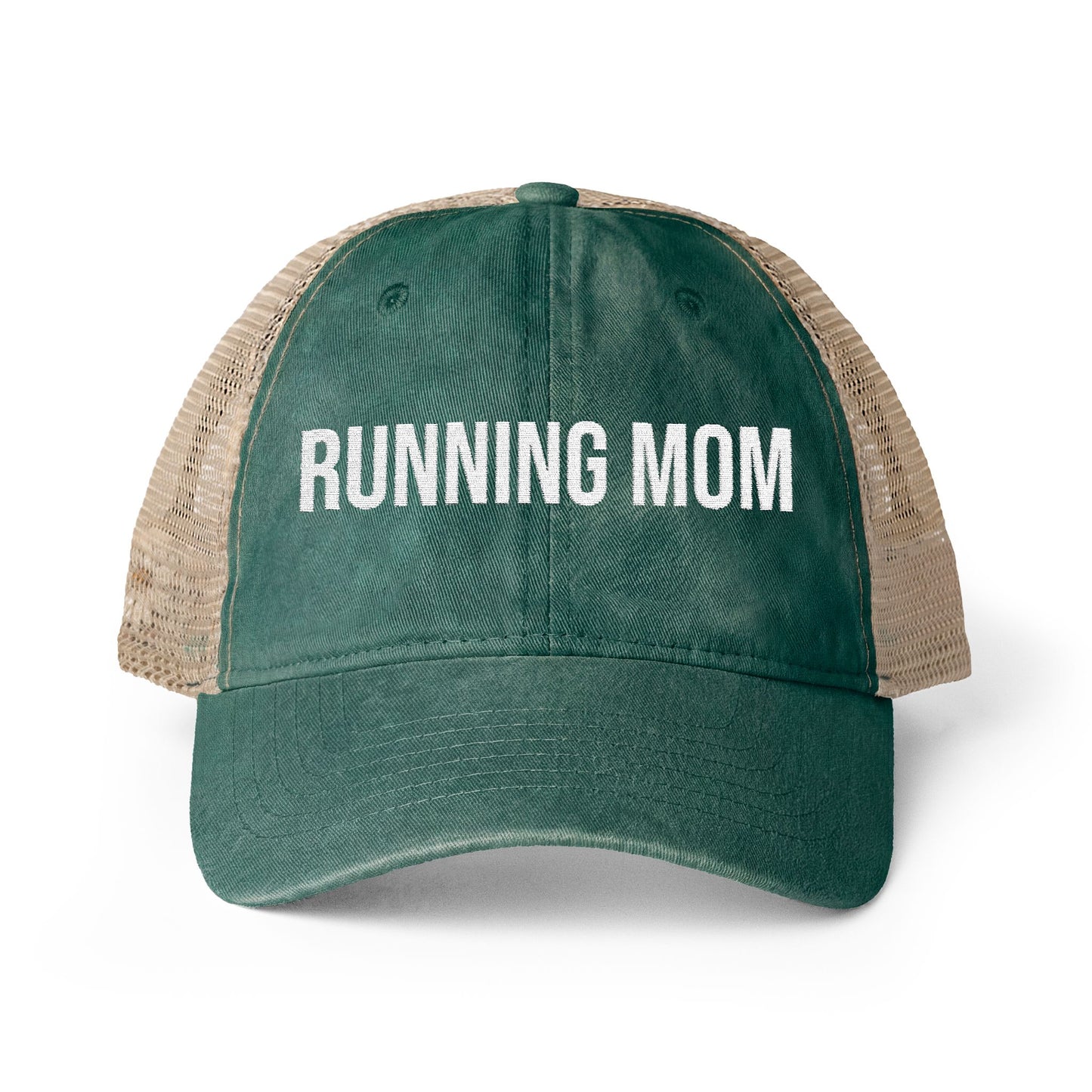 Running Mom Cap in Jade/Daisy/Khaki, front view — washed mesh-back trucker cap for runners