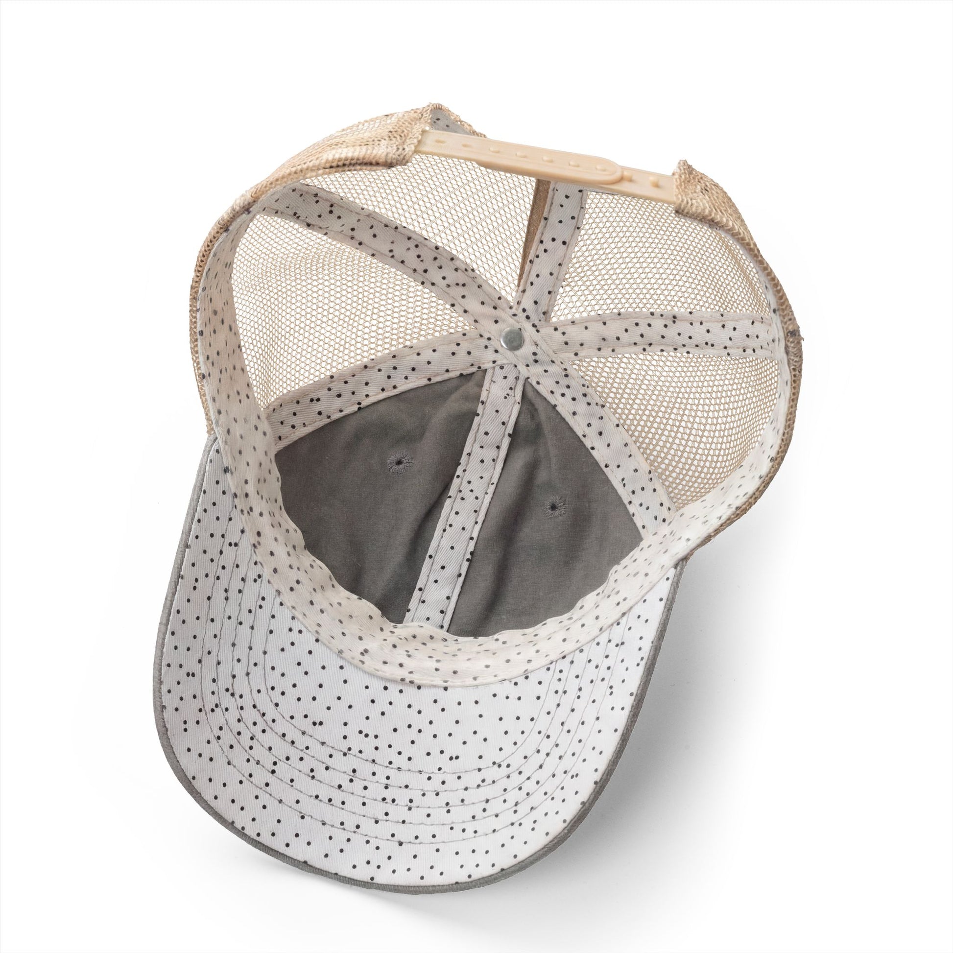 Running Mom Cap in Light Grey/Polka Dots, underbrim detail — polka dot print lining close-up