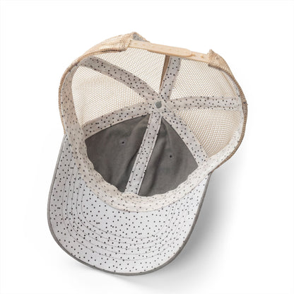 Running Mom Cap in Light Grey/Polka Dots, underbrim detail — polka dot print lining close-up
