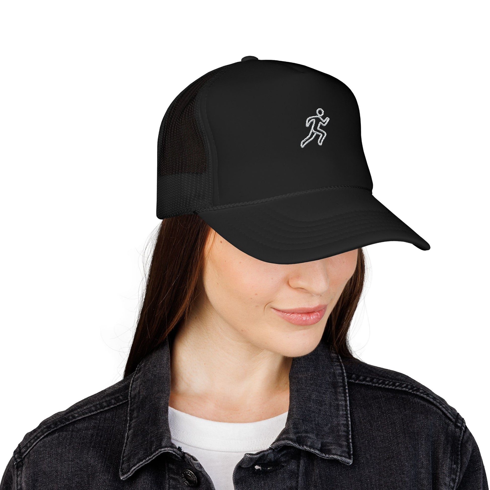 Embroidered Running Icon Trucker Hat in Black worn by female model — mesh-back running cap