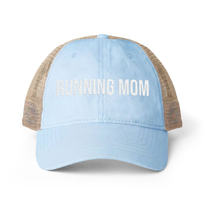 Running Mom Cap in Cashmere Blue/Floral, front view — washed mesh-back trucker cap for runners