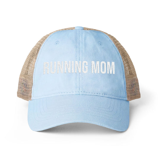 Running Mom Cap in Cashmere Blue/Floral, front view — washed mesh-back trucker cap for runners
