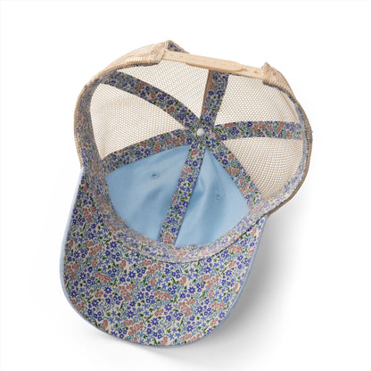 Running Mom Cap in Cashmere Blue/Floral, underbrim detail — floral print lining close-up